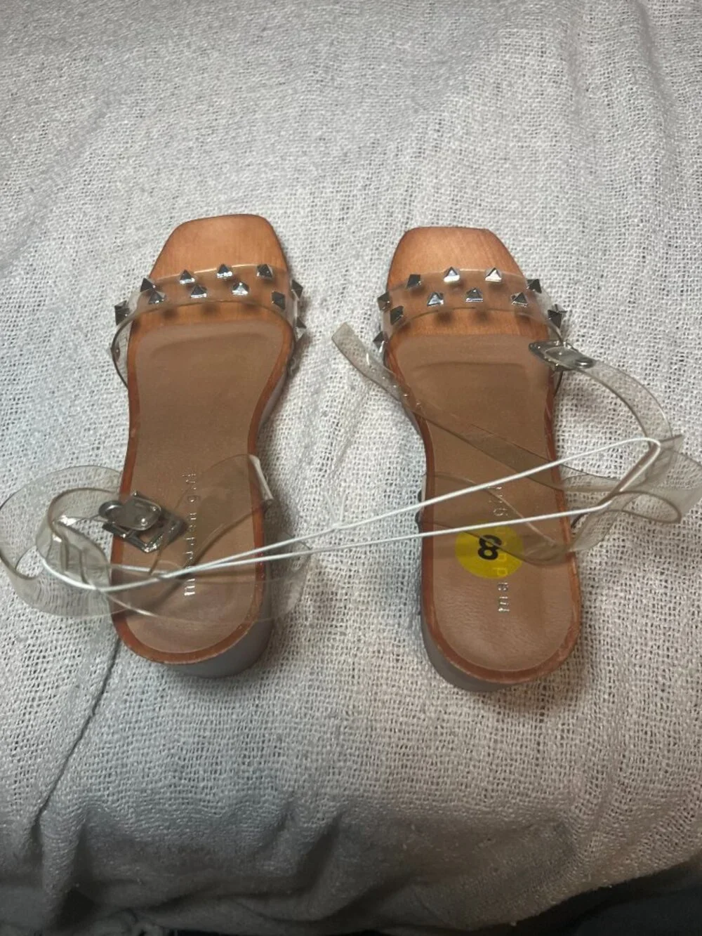 NWOT Madden Girl Clear Studded Block Heel Sandals Wood Look, Size 8 Women's PVC